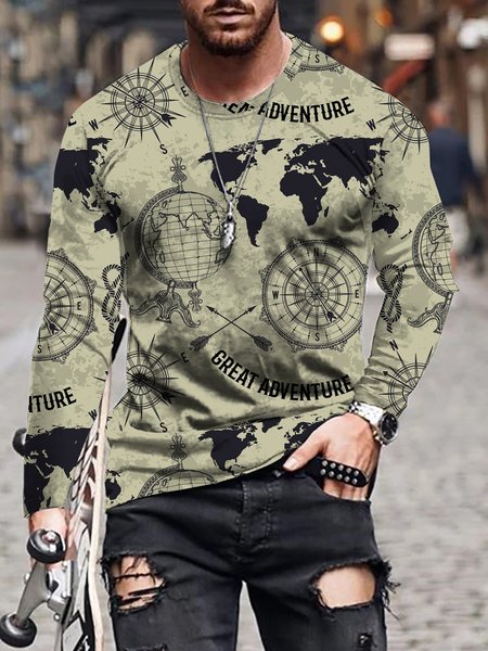 

Ocean Map Graphic Long Sleeve Casual Tee, T-shirt