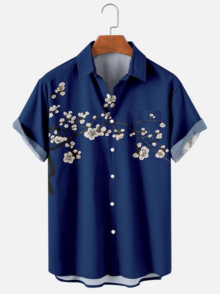 

Vintage Short Sleeve Shirt Collar Shirts, Purplish blue, Men's Floral shirt