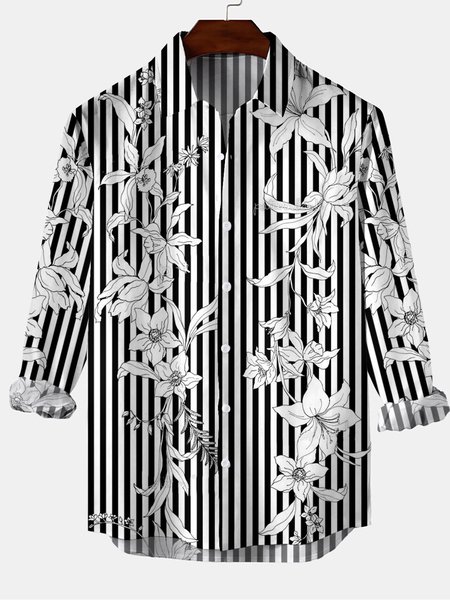 

Striped Floral Graphic Long Sleeve Casual Shirt, Ivory, Shirt