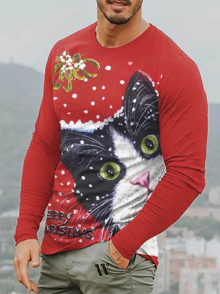 

Christmas Cat Graphic Long Sleeve Casual Tee, T-shirt