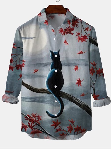 Cat Graphic Long Sleeve Casual Shirt, Ivory, Shirt