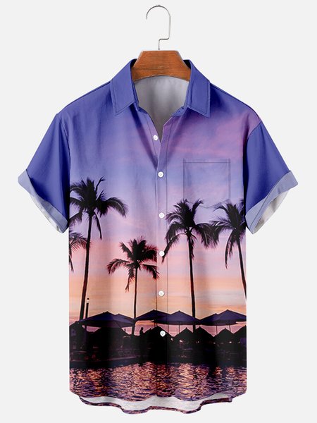 

Mens Coconut Tree Print Casual Breathable Chest Pocket Short Sleeve Hawaiian Shirts, Blue, Shirts ＆ Blouse