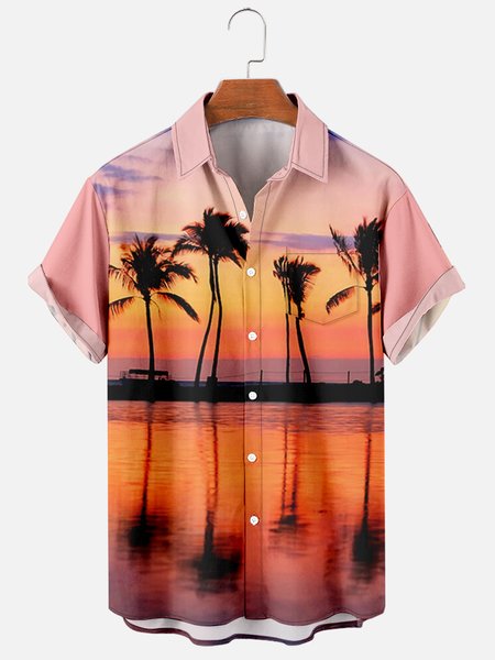 

Mens Coconut Tree Print Casual Breathable Chest Pocket Short Sleeve Hawaiian Shirts, Pink, Men's Floral shirt