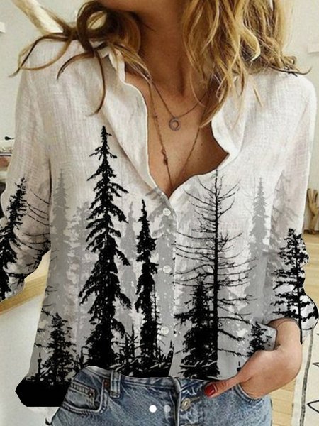 

Long sleeve geometric plant Print Top Shirt, White, Shirts & Blouses
