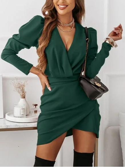 

Regular Fit Ruffle Sleeve V Neck Casual Dresses, Green, Mini Dresses