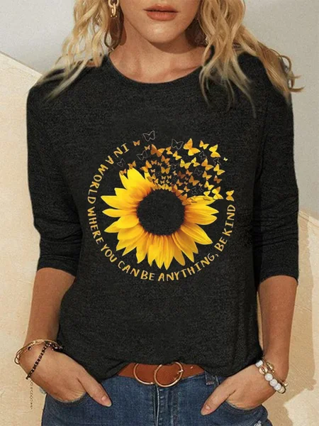 

Sunflower Letters Printed Long Sleeves Crew Neck Plus Size Casual Tops, Black, T-Shirts