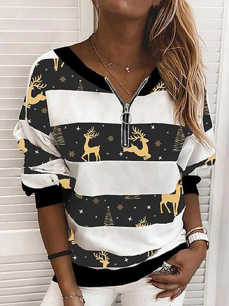 

Christmas Elk Crew Neck Casual Sweatshirt（accessory not included）, Black-white, Sweatshirts & Hoodies
