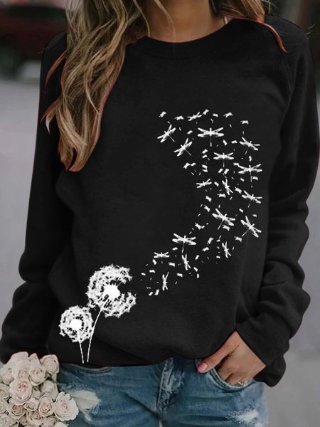 

Loosen Vintage Dandelion Printed Long Sleeves Sweatshirt, Black, Hoodies & Sweatshirts