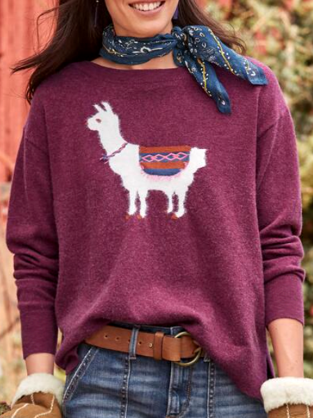 

Crew Neck Loosen Animal Sweatshirt Cute Alpaca Pattern Pullover Sweatshirt, Purple red, Hoodies & Sweatshirts