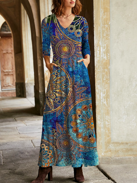 

Plus size Boho Printed Dresses, Blue, Maxi Dresses