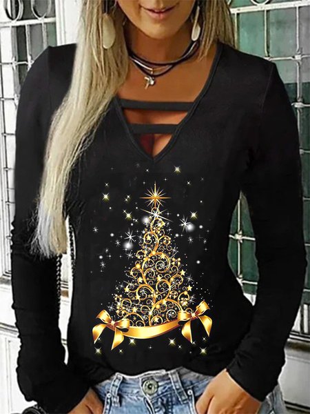 

Long Sleeve Printed Casual Shirts & Tops, Black, T-Shirts
