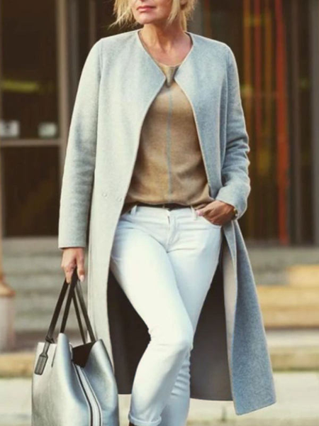 

Solid Woolen Casual Outerwear, Light gray, Coats