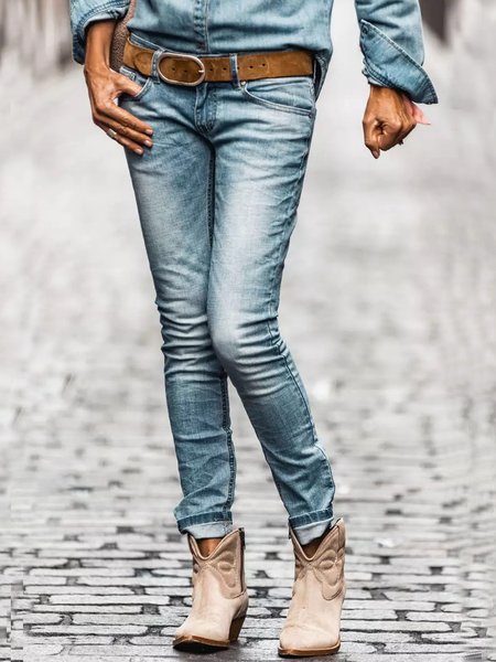 

Regular Fit Solid Denim Pants, Blue, Pants