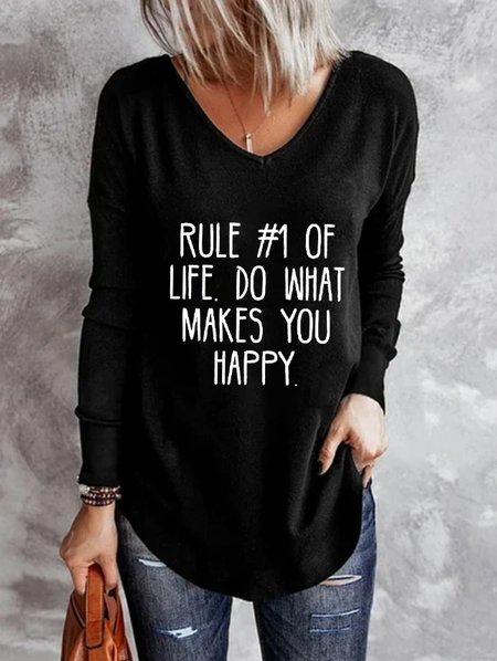 

Cotton Blends V Neck Letter Shirts & Tops, Black, T-Shirts