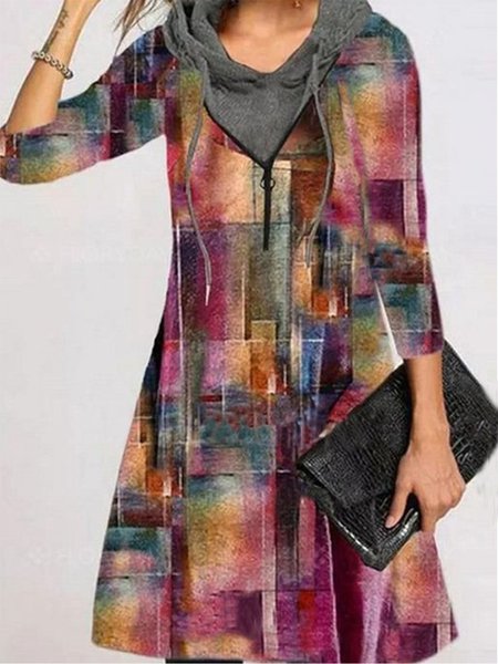 

Casual Long Sleeve Hooded Printed Dresses, Multicolor, Mini Dresses