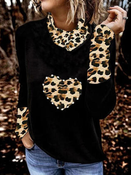 

Cotton Blends Leopard Casual Shirts & Tops, Black, Long sleeve tops