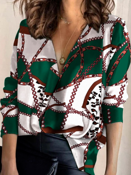 

Christmas Abstract V Neck Cotton Blends Leopard Shirts & Tops, Green, Shirts & Blouses