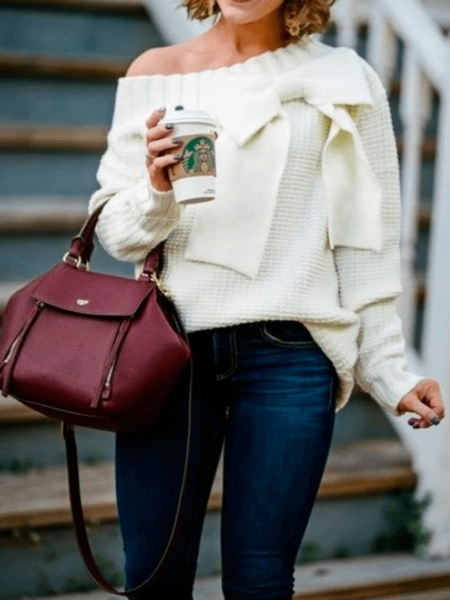 

Winter Simple Plain Asymmetrical Neck Daily Sweater, White, Pullovers