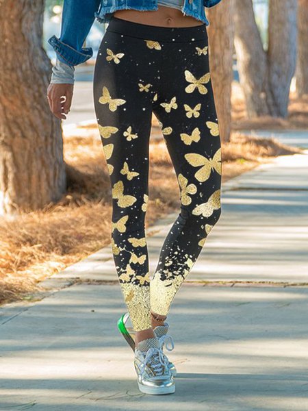 

Butterfly Cotton Blends Skinny Pants, Black, Leggings