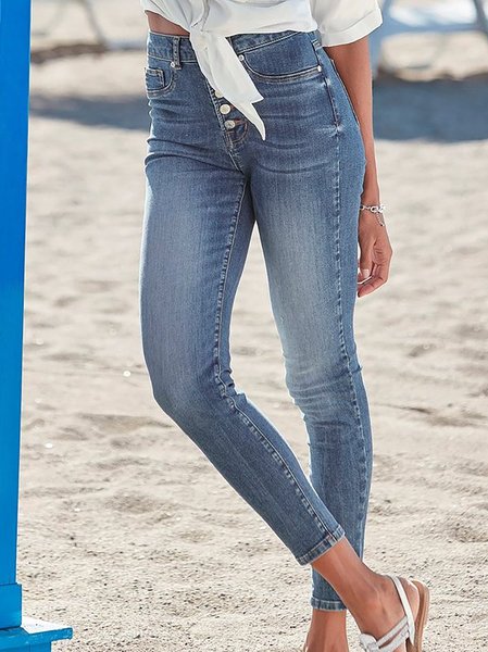 

Casual High-waist Jeans with Visible Button placket Denim Pants, Blue, Pants
