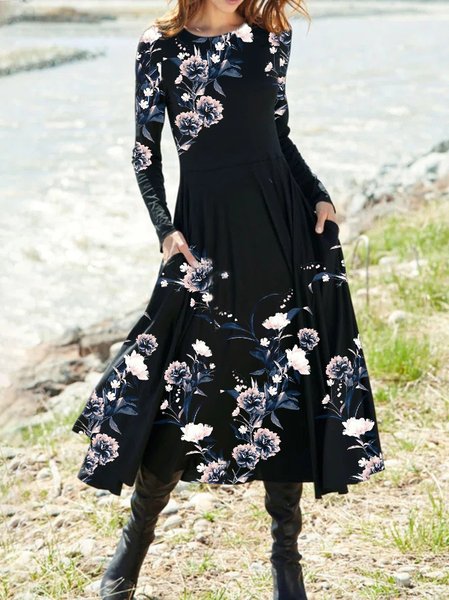 Floral Crew Neck Regular Fit Cotton Blends Dresses, Black, Floral Dresses