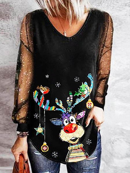 

Party V Neck Christmas Deer Shirts & Tops, Black, Long sleeve tops