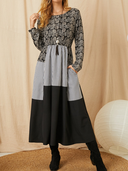 

Scoop Neckline Loosen Leaves Dresses Elegant retro dress with leaf plaid stitching, Black, Boho dresses