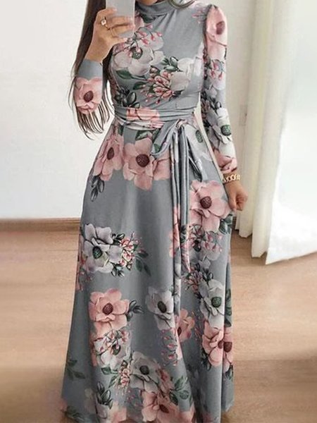 

Elegant High Neck Floral Maxi Dress, As picture, Maxi Dresses