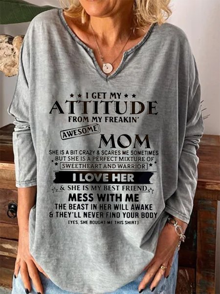 

Long Sleeve V Neck Letter Casual Shirts & Tops, Gray, T-Shirts