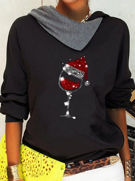 

Casual Christmas Wine Glass Print Cowl Neck Long Sleeves Sweatshirt, Black, Sweatshirts & Hoodies