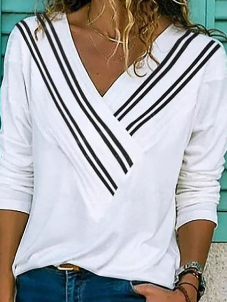 

V Neck Simple Shirts & Tops, White, Long sleeve tops