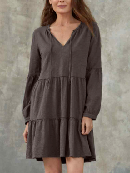 

Loosen Bishop Sleeve Simple V Neck Dresses Simple taupe v-neck tie cake dress, Mini Dresses