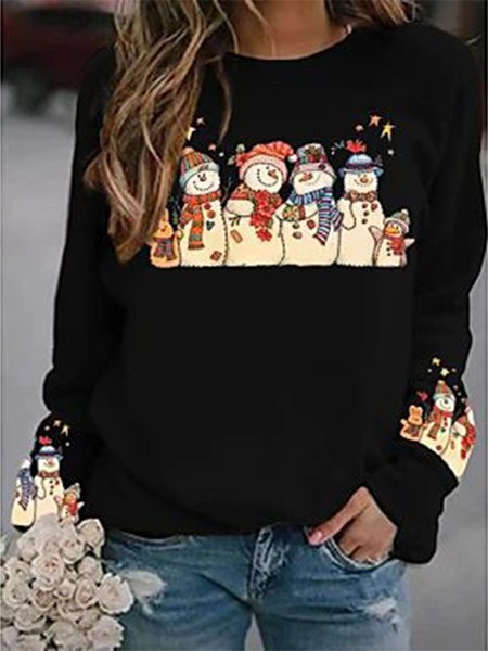 

Vacation Cotton Blends Loosen Christmas Snowman Sweatshirt, Black, Sweatshirts & Hoodies