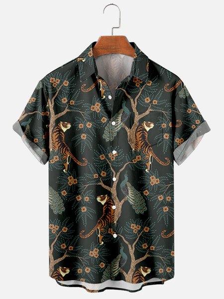 

Short Sleeve Shirt Collar Sporty Shirts, Black, Men's Floral shirt