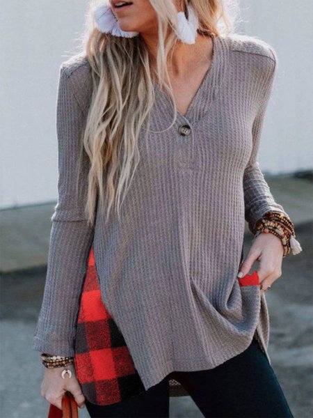 

V-neck Plaid Stitching Casual Long-sleeved T-shirt, Gray, Long sleeve tops