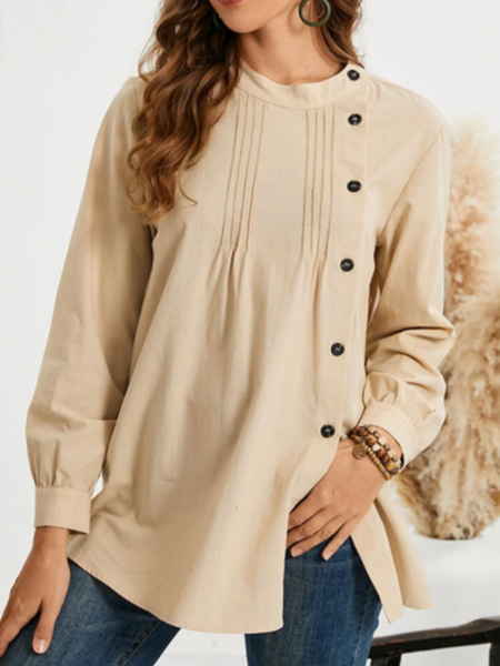 

Plain Simple Stand Collar Shirts & Tops Simple button decoration doll top, Apricot, Long sleeve tops