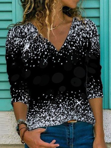 

Casual Long Sleeve V Neck Printed Top, Black, Tops