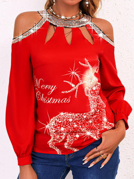 

Casual Round Neck Shirts & Tops, Red, Long sleeve tops