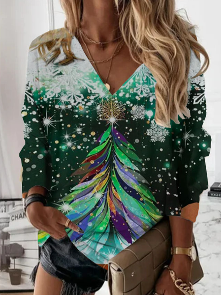 

Scollo a V Allentare Natale Pupazzo di neve Top, Verde scuro, Blouses & Shirts