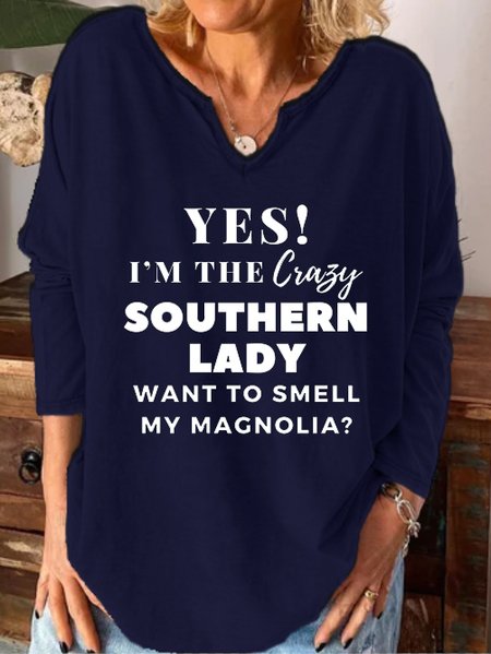 

Funny text print notch neck long sleeve shirt, Purplish blue, T-shirts