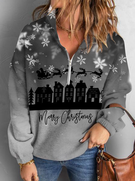 

Long sleeve stand collar zipper gradient Snowflake Christmas elk top sweater warm women, Gray, Sweatshirts & Hoodies