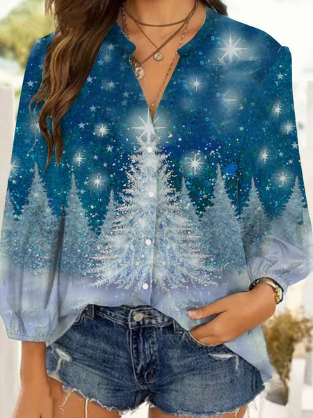 

Long sleeved V-neck plant snow Christmas Print Top Shirt, Blue, Shirts & Blouses