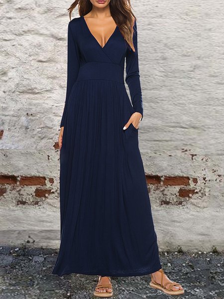

Plain Regular Fit Deep V Long Sleeve Maxi Dresses, Purplish blue, Maxi Dresses