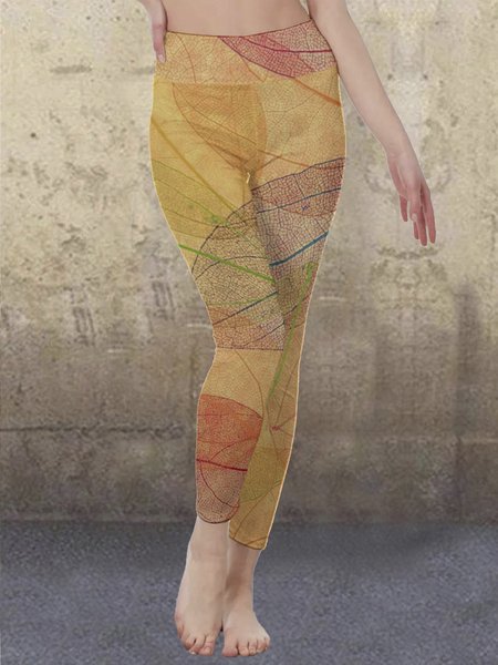 

Casual Leaves Print High-waist Yoga Leggings, As picture, Leggings