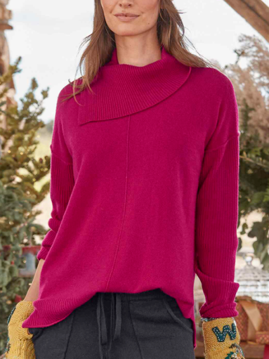 

Simple Lapel Plain Sweater Irregular lapel plain simple sweater, Deep pink, Sweaters