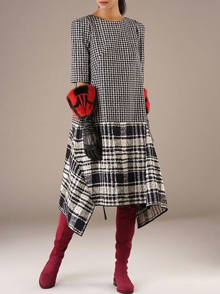 

Grid Crew Neck Loosen Midi Dress, As picture, Midi Dresses