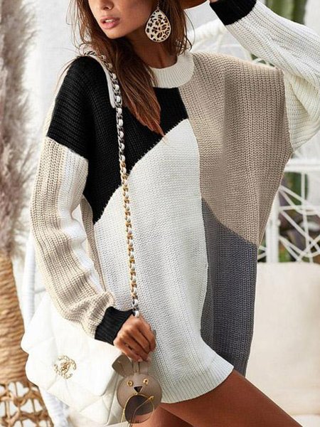 

Color Block Crew Neck Acrylic Dresses, Multicolor, Casual Dresses