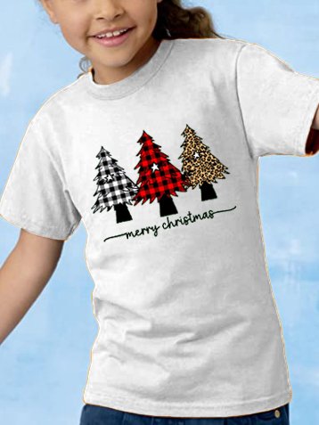 

Christmas tree print round neck short-sleeved cotton children's T-shirt, White, Kids