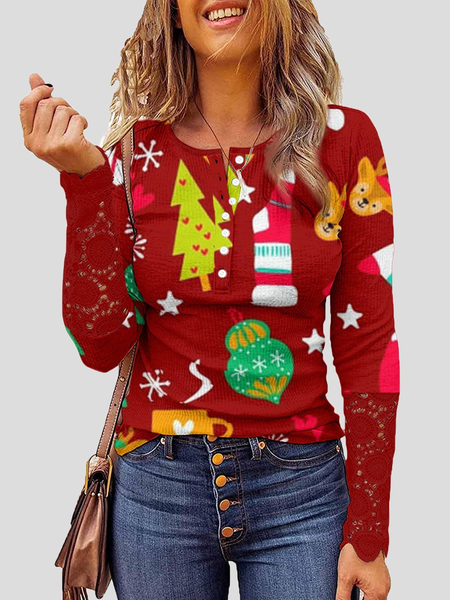 

Women's T-Shirts Lace Christmas Print Button Round Neck Long Sleeve T-Shirt, Red, Long sleeve tops