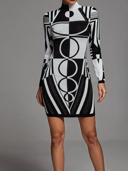 

Long sleeve Slim Fit Elegant Geometric Dress, Black-white, Mini Dresses